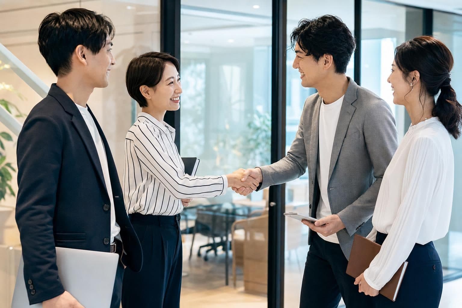 会議を終えて握手する日本人のチーム